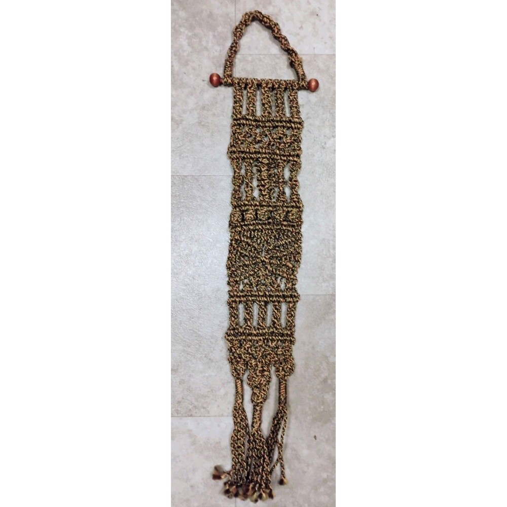 Vintage 1970s Macrame Thermometer Wall Hanging Boho Chic Fringe Tassel 26"
